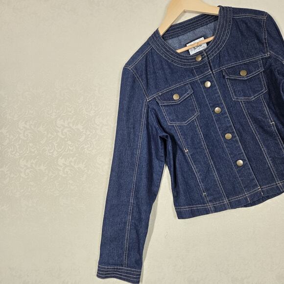 VTG Live A Little Denim Jacket sz L Blue Snap Front Pockets Fitted Top Stitched - Picture 8 of 16